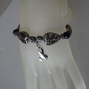 Women's Beaded Bracelet: Silver & Black, Breast Cancer  Ribbon One Size